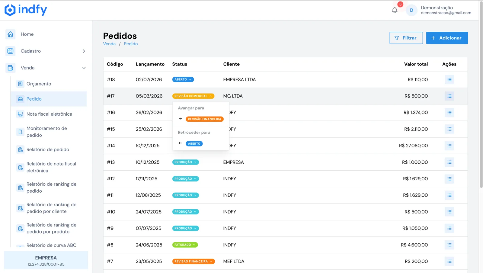 Tela de pedidos de venda no sistema ERP para indústria Indfy